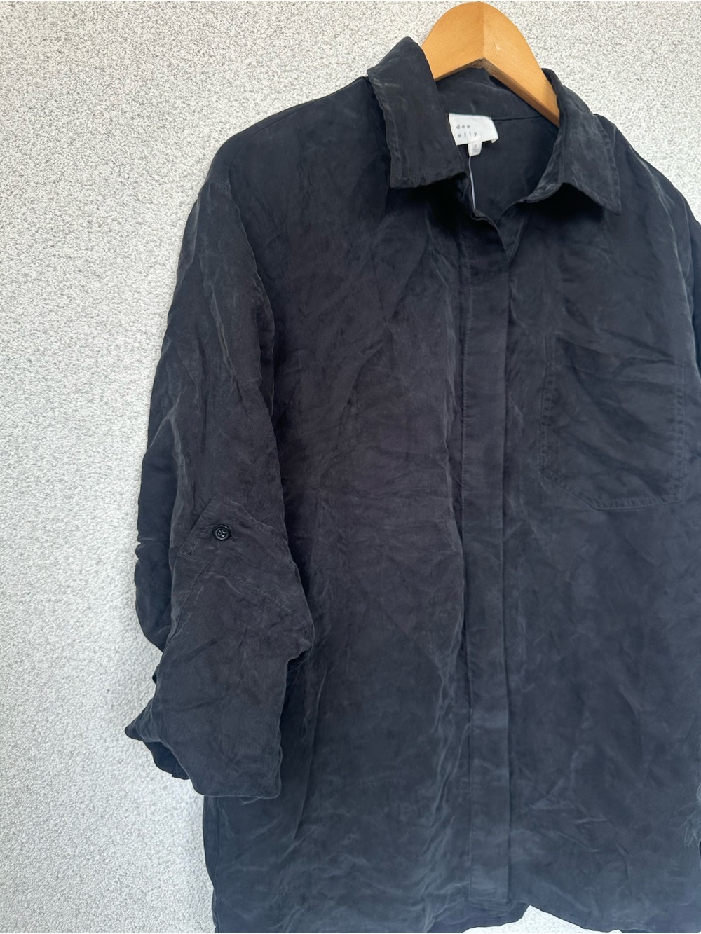 Dee Elly Black Oversized Button Down Shirt | Silky Spandex Blend | NWOT | Small - Picture 2 of 6
